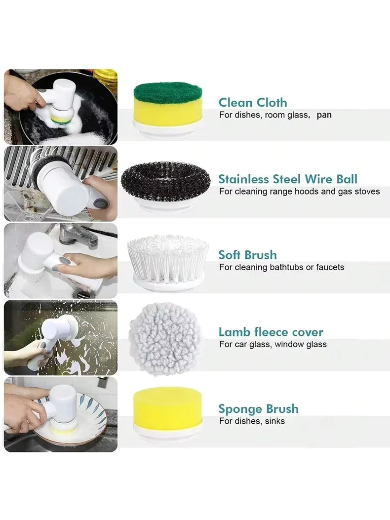 5in1 Magic Brush Electric Cordless Cleaning USB Chargeable Spin Scrubber Brush Polisher Sponge for Kitchen Bathroom Clean Brush